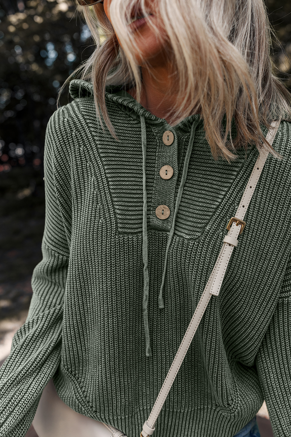 Mist Green Mineral Wash Ribbed Knit Button Drawstring Neck Hooded Sweater - loveforevers