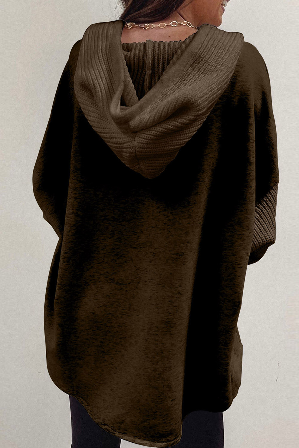 Dark Brown Button Up Contrast Knitted Sleeves Hooded Jacket - loveforevers