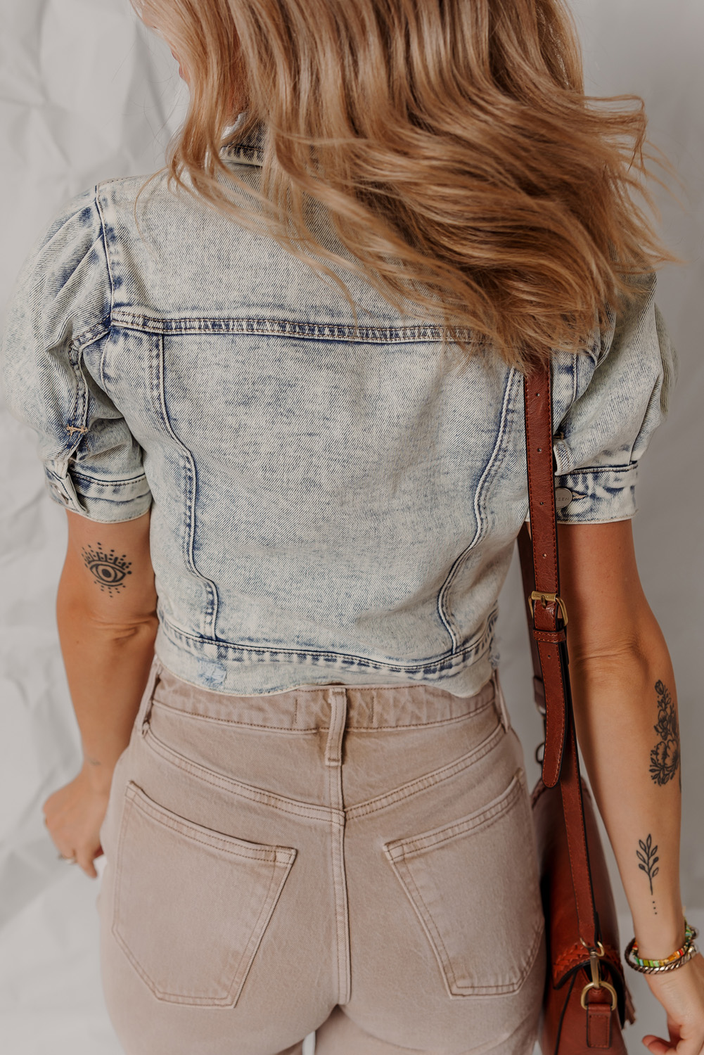 Beau Blue Light Wash Buttoned Chest Pocket Puff Sleeve Denim Jacket - loveforevers