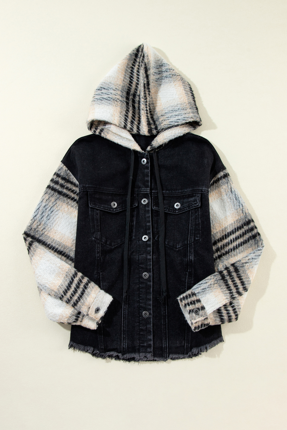 Black Plaid Sleeve Frayed Hem Hooded Denim Jacket - loveforevers