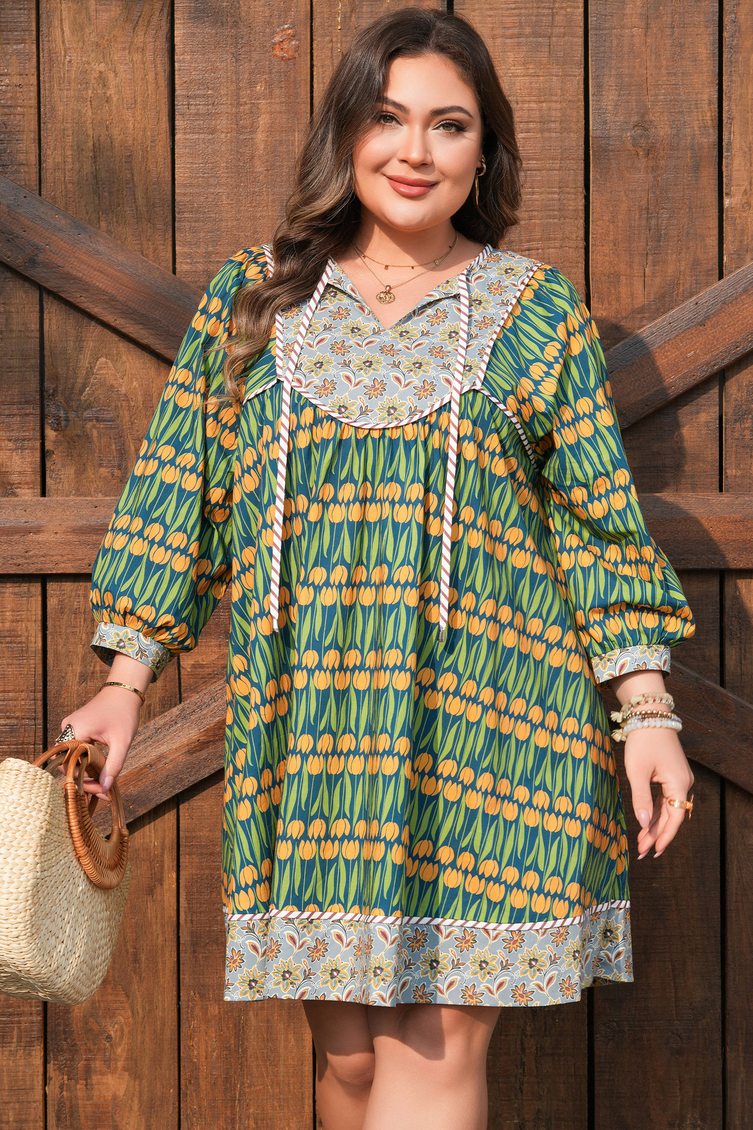 Green Plus Size Mixed Floral Print Striped Trim Loose Mini Dress - loveforevers