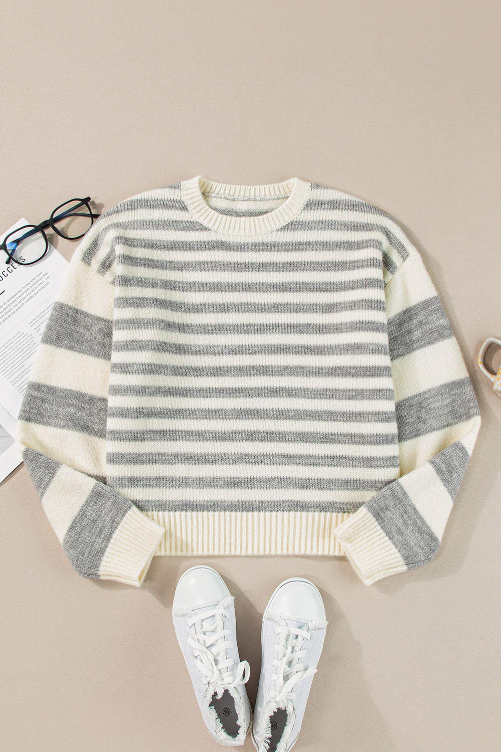 Gray Stripe Drop Shoulder Crew Neck Sweater - loveforevers
