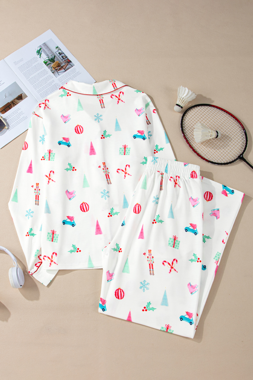 White Christmas Print Lapel Shirt and Pants Sleepwear - loveforevers