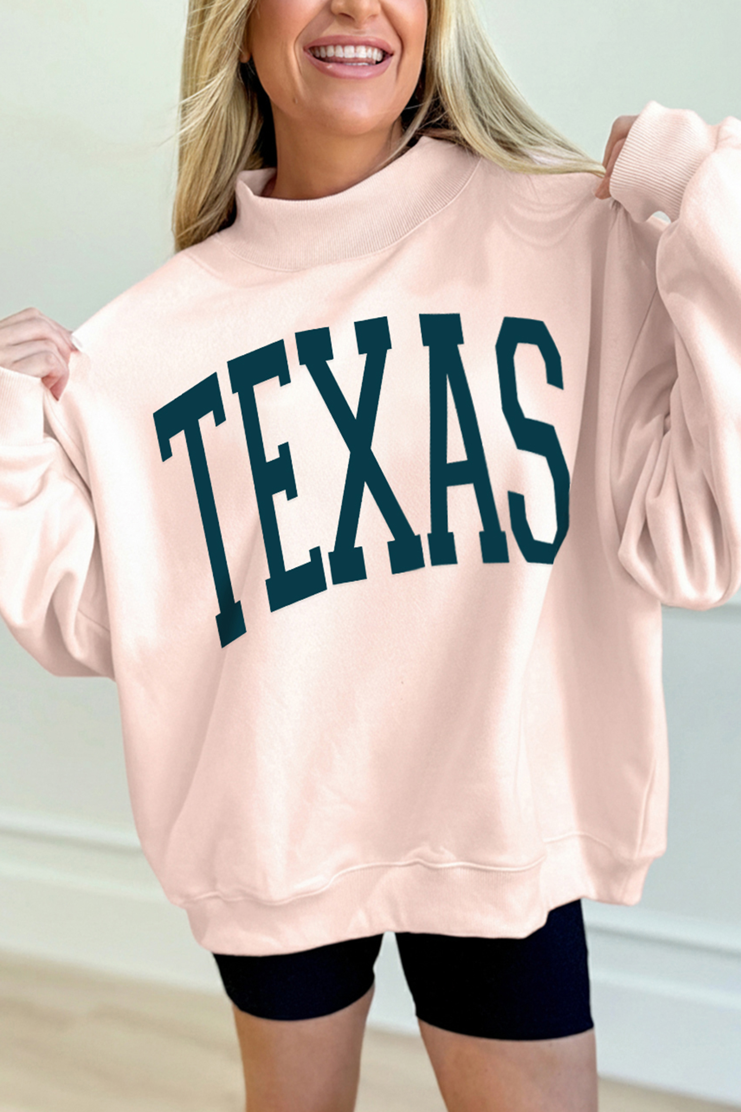 Apricot Pink TEXAS Letter Printed Mock Neck Baggy Sweatshirt - loveforevers