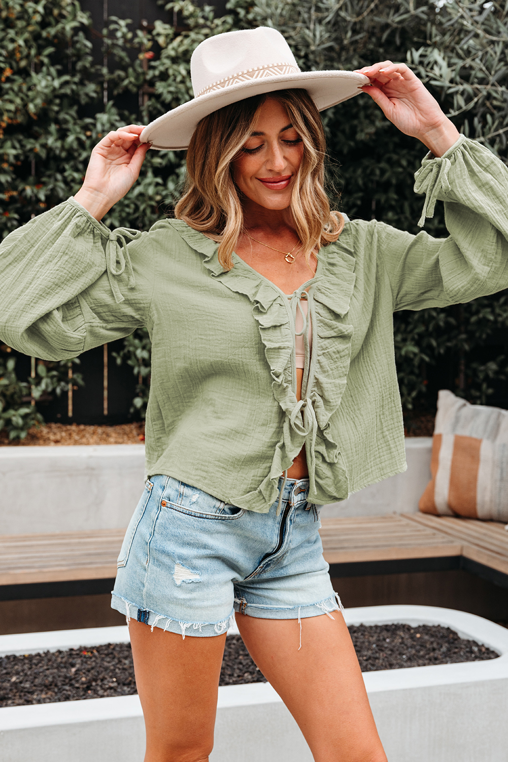 Meadow Mist Green Bow Tie Front Ruffle Trim V Neck Long Sleeve Gauze Blouse - loveforevers