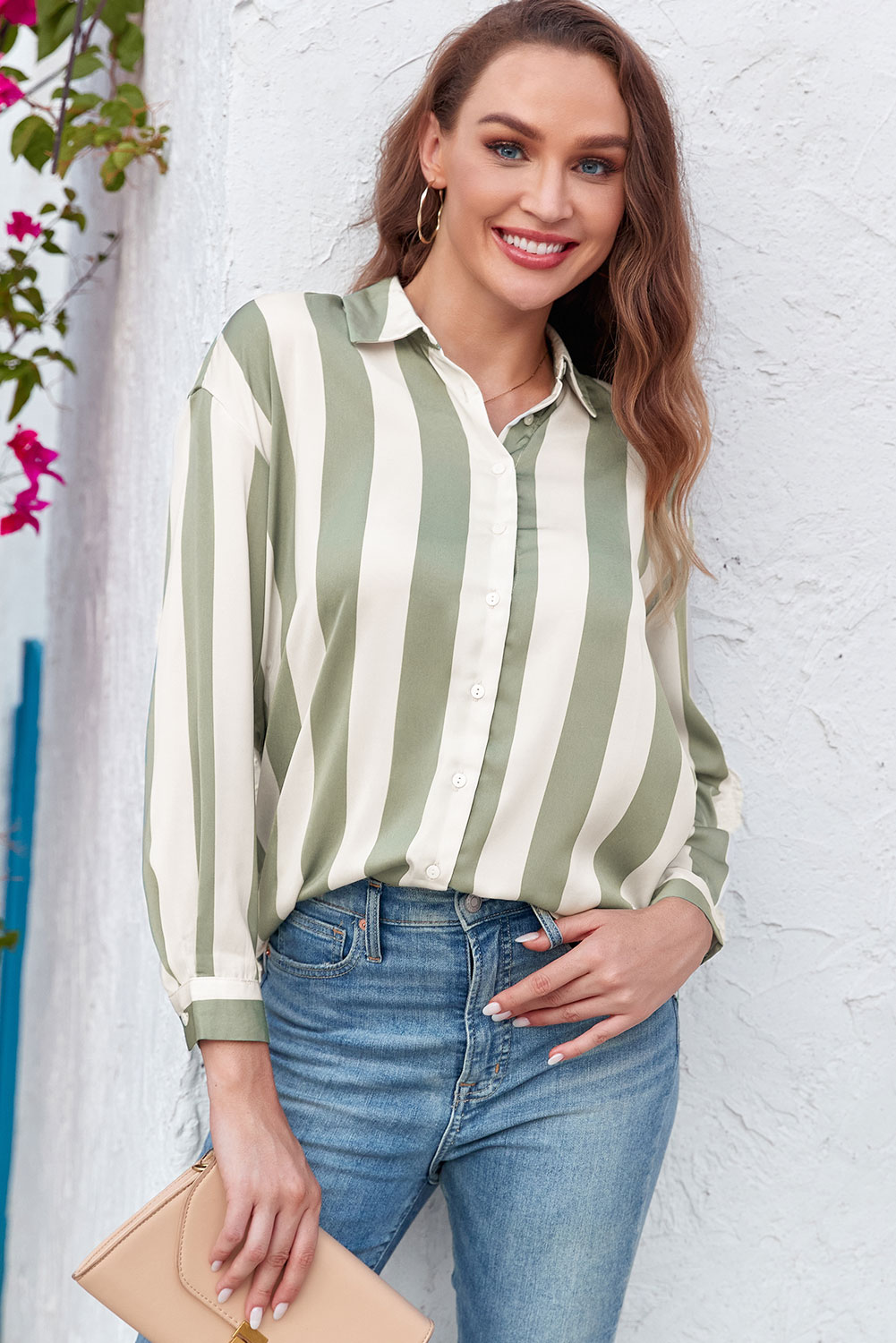 Green Striped Soft Relaxed Button Up Shirt - loveforevers