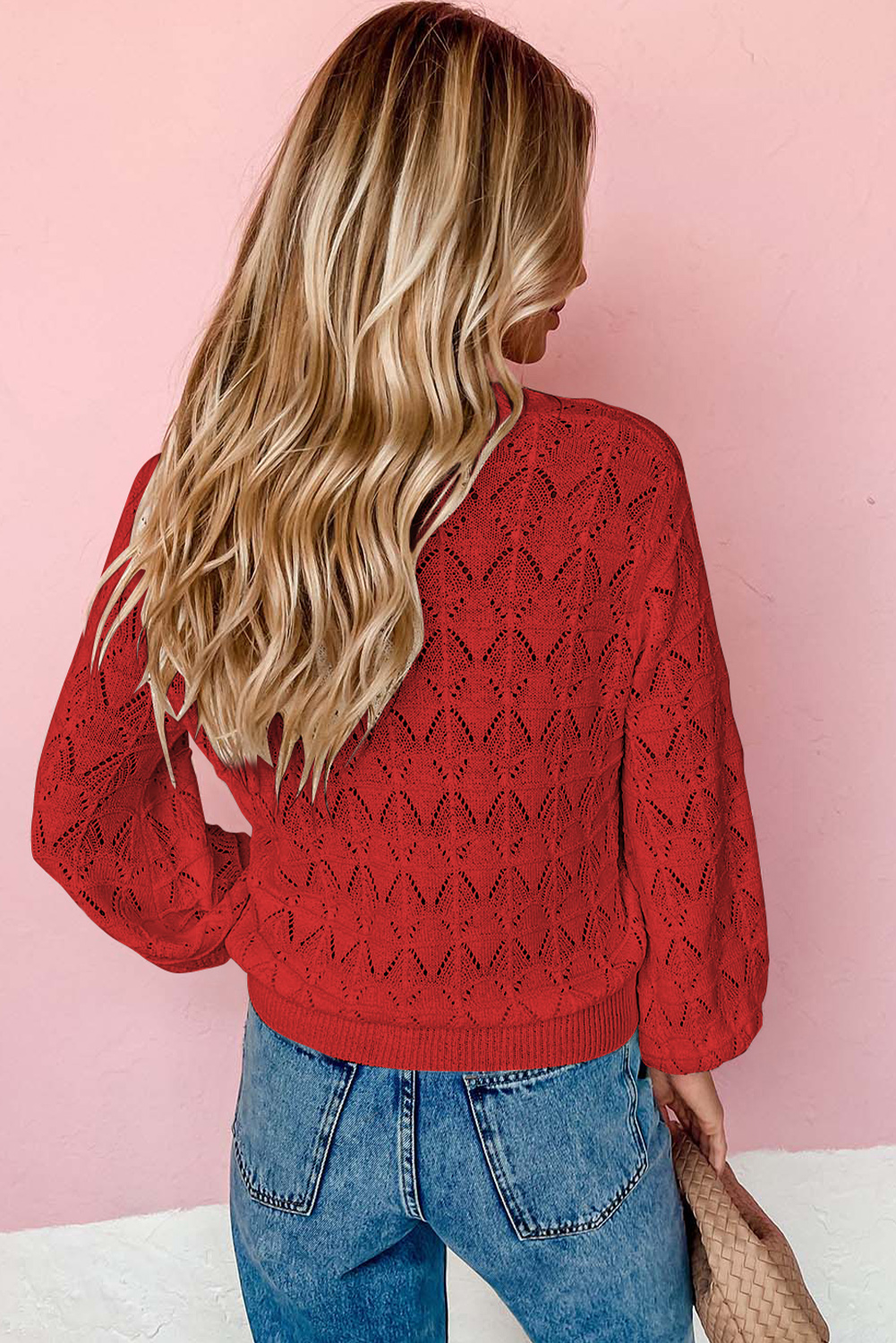 Fiery Red Lightweight Buttoned Front Crochet Cardigan - loveforevers