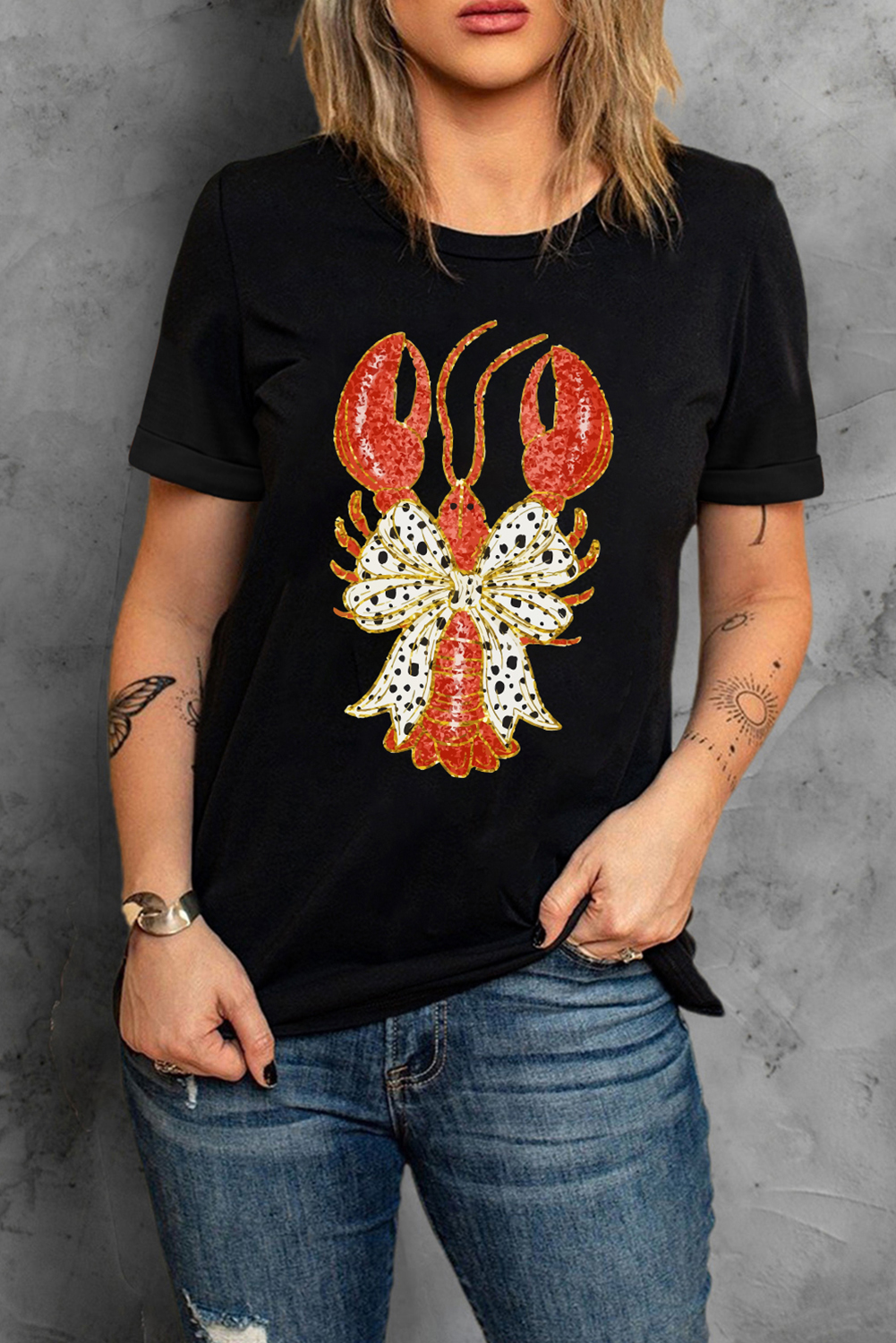 Black Dotty Bow Knot Crawfish Printed T Shirt - loveforevers