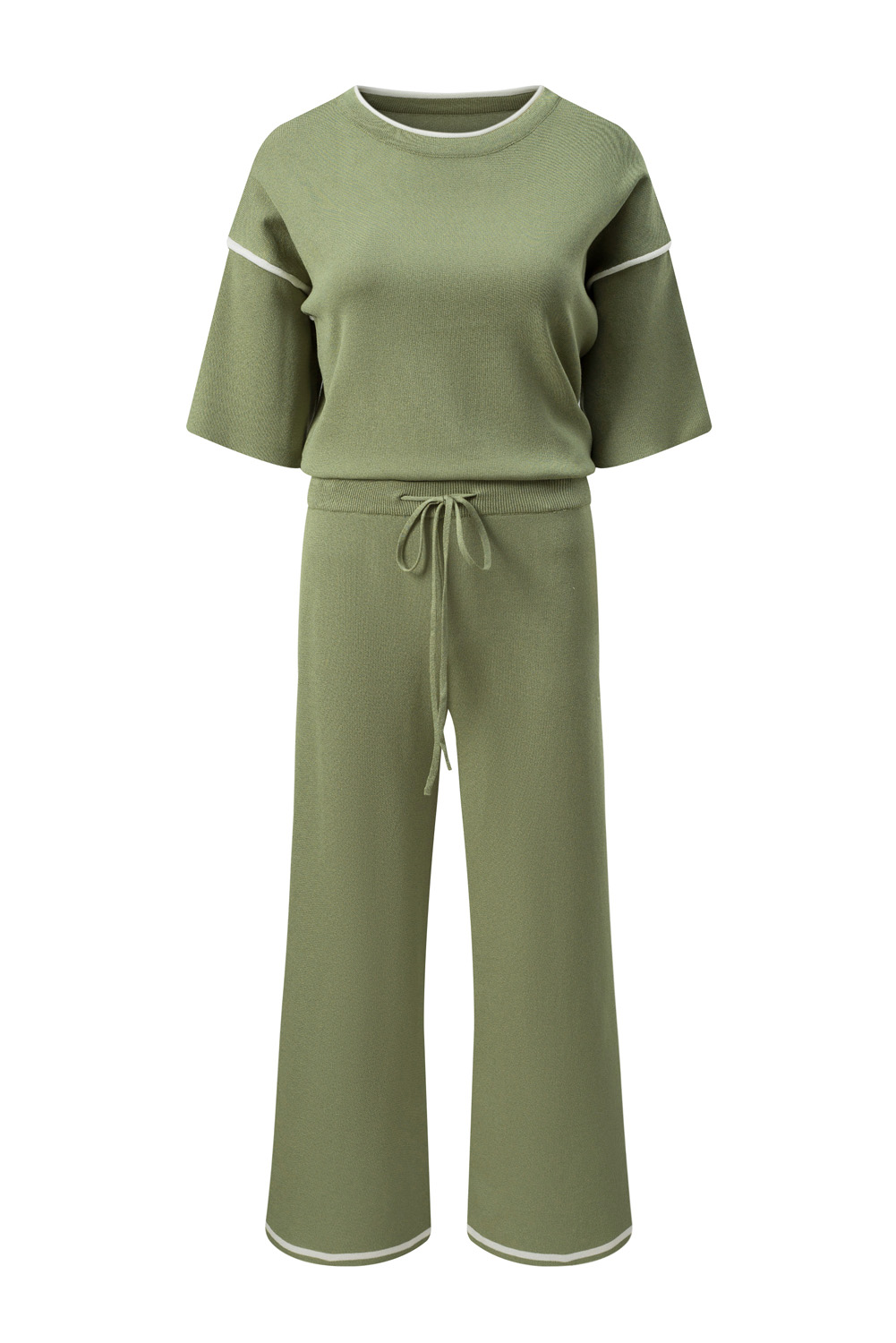 Blackish Green Contrast Trim Half Sleeve Top Drawstring Pants Loose 2pcs Sweater Suit - loveforevers