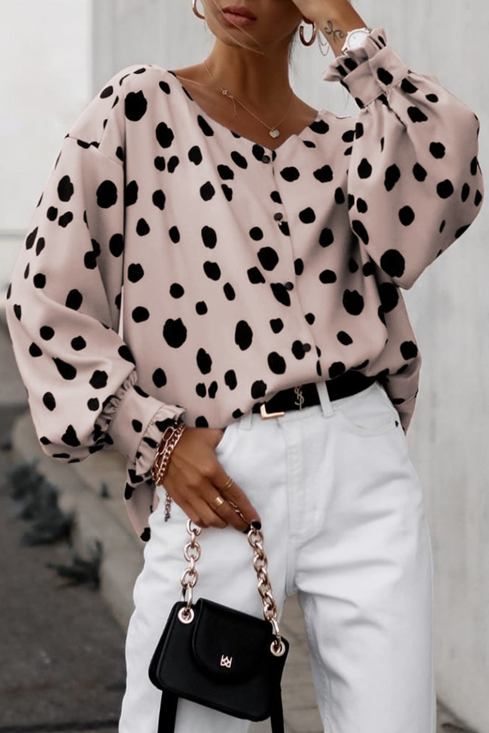Pink Button Frill Cuffs Oversize Puff Sleeve Blouse - loveforevers