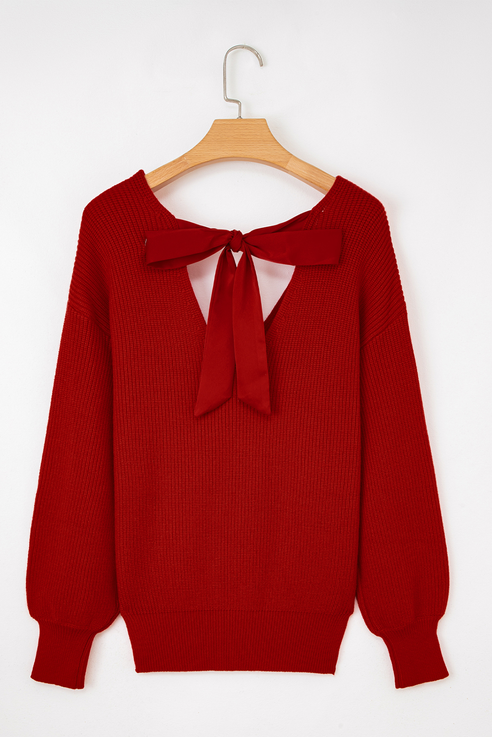 Racing Red Lantern Sleeve V Neck Knot Back Sweater - loveforevers
