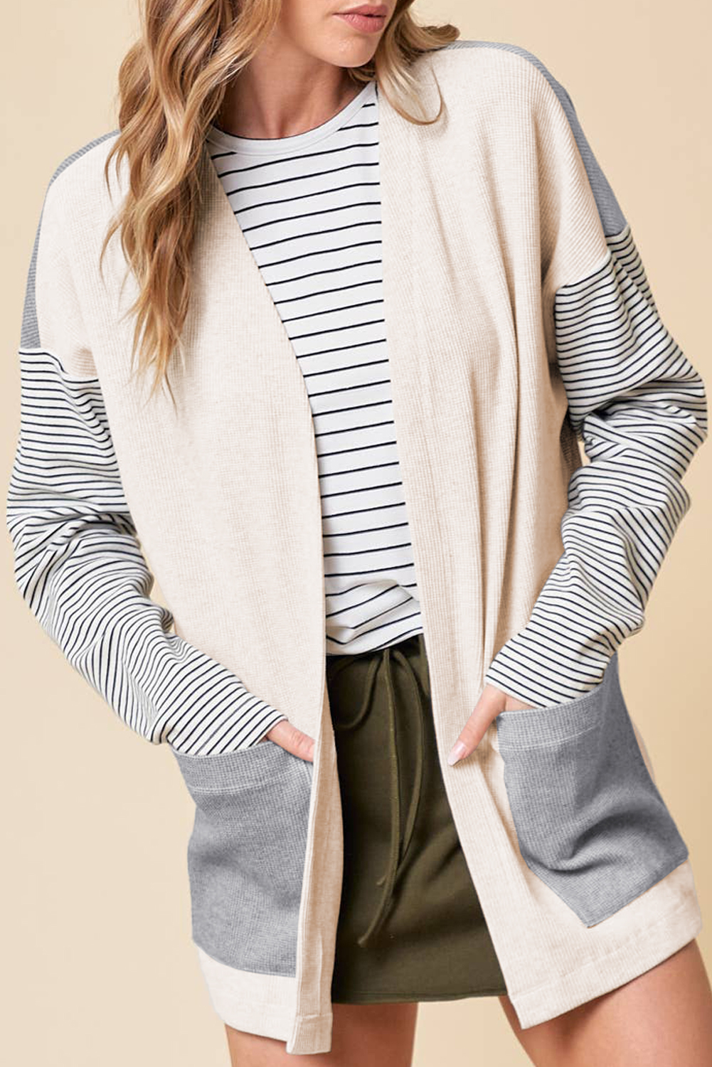 Black Stripe Colorblock Patchwork Open Front Cardigan with Pocket - loveforevers