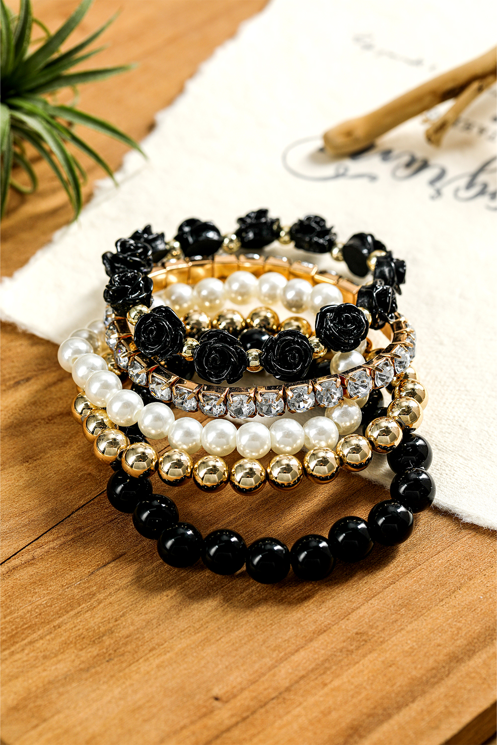 Black Flower Rhinestone Beaded Multi Layer Bracelet Set - loveforevers