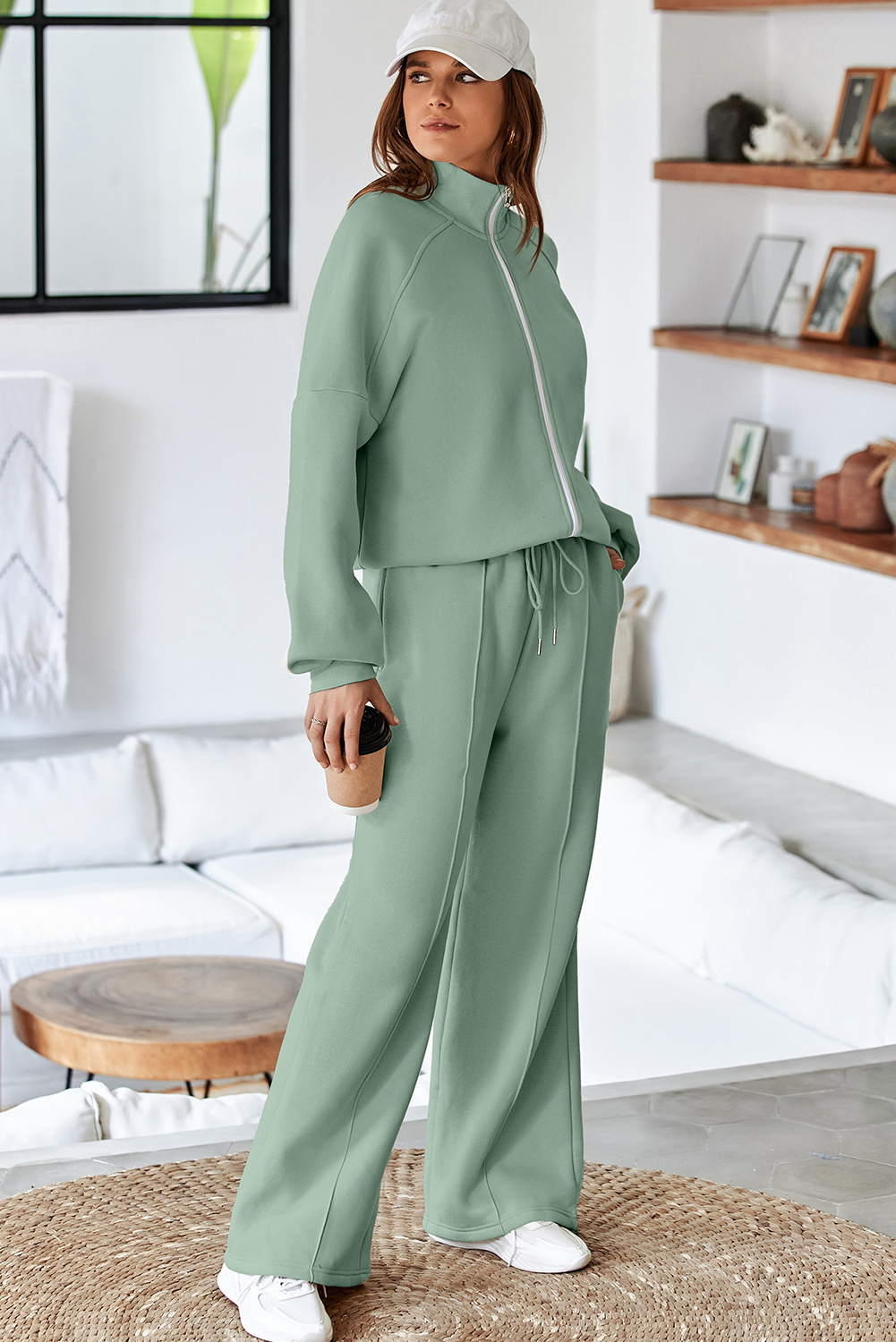 Navy Blue Drop Shoulder Zip Up Jacket Drawstring Pants Active 2pcs Set - loveforevers