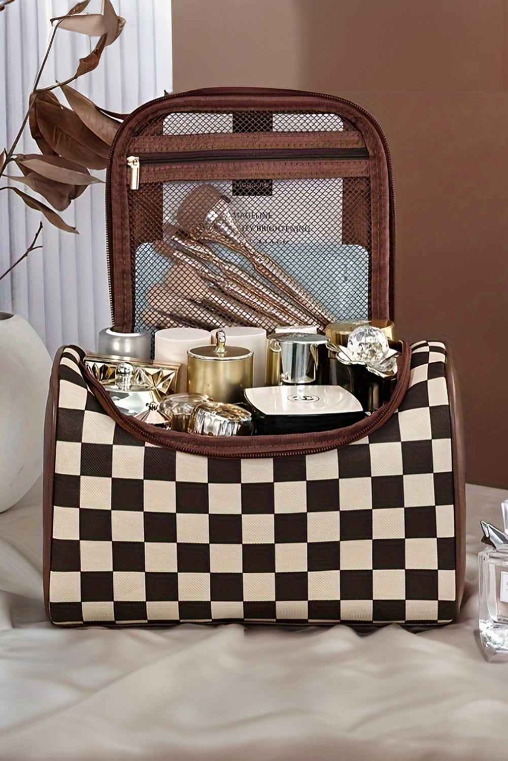 Black Checkered PU Leather Zipper Makeup Bag - loveforevers