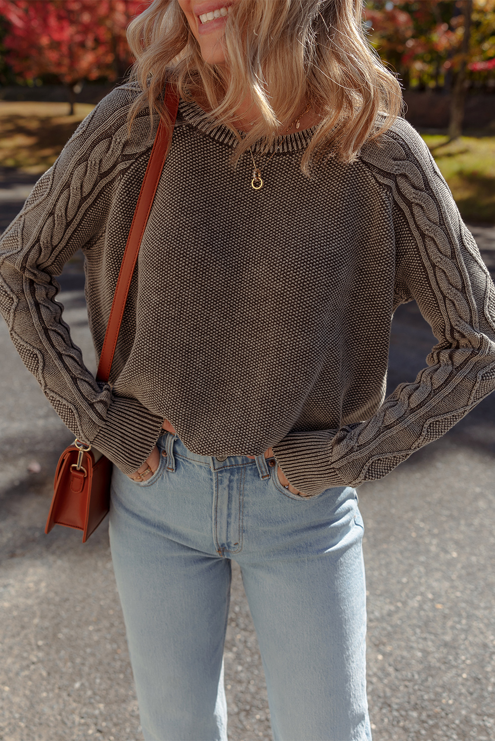 Dark Brown Contrast Cable Knit Sleeve Casual Sweater - loveforevers