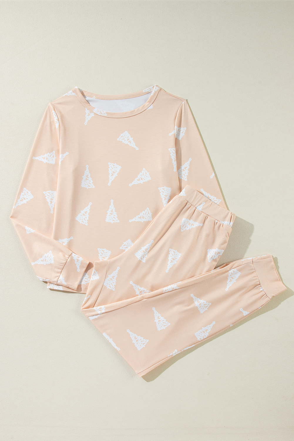 Apricot Christmas Tree Print Loose Fit Two Piece Pajama Set - loveforevers