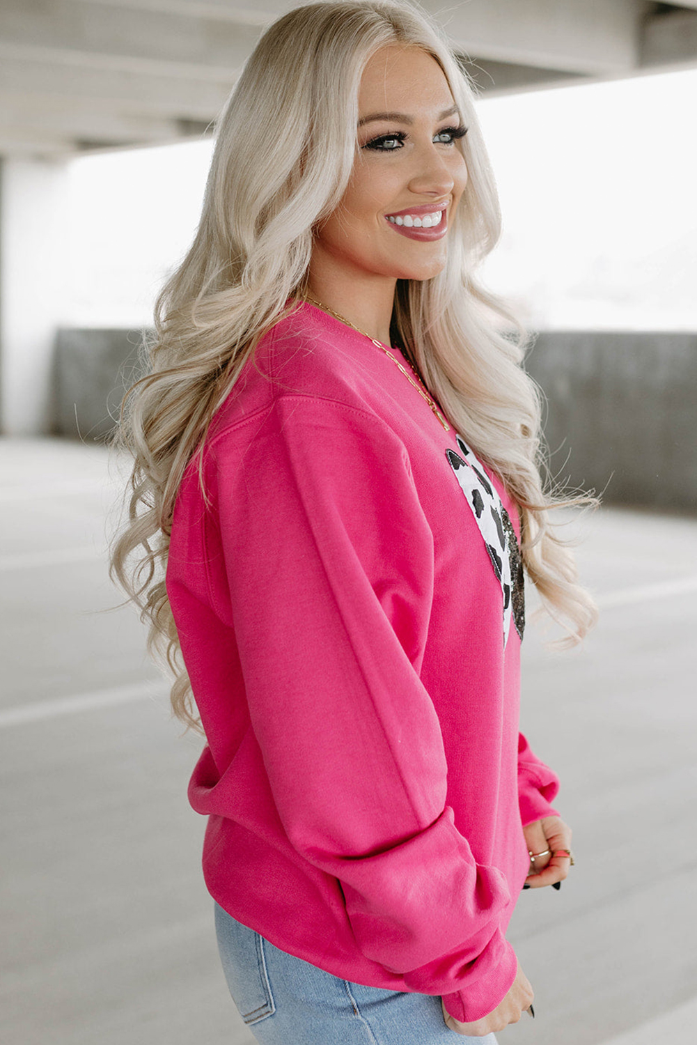 Strawberry Pink Cow & Sequin Double Heart Patch Graphic Sweatshirt - loveforevers