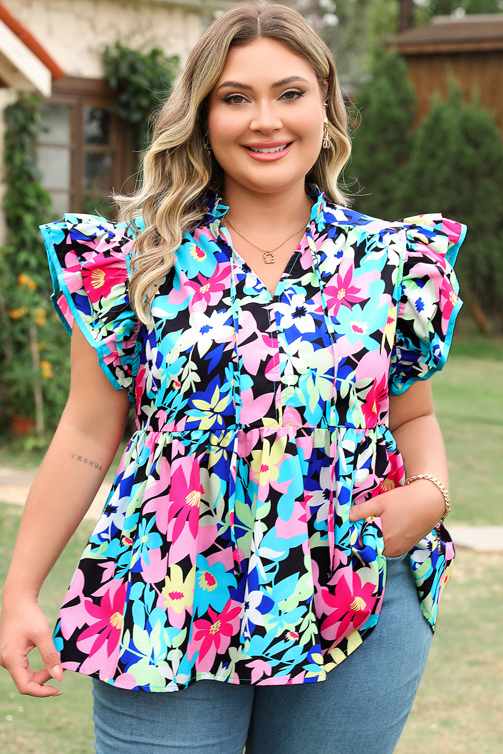 Blue Floral Flutter Sleeve Tied Notched Neck Plus Size Blouse - loveforevers