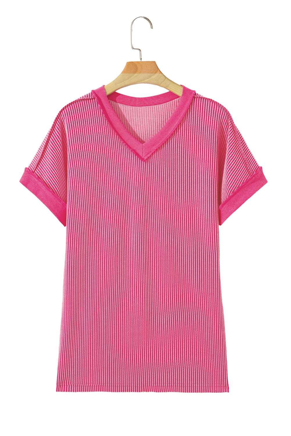 Rose Red Twisted Ribbed Knit V Neck Casual Tee - loveforevers