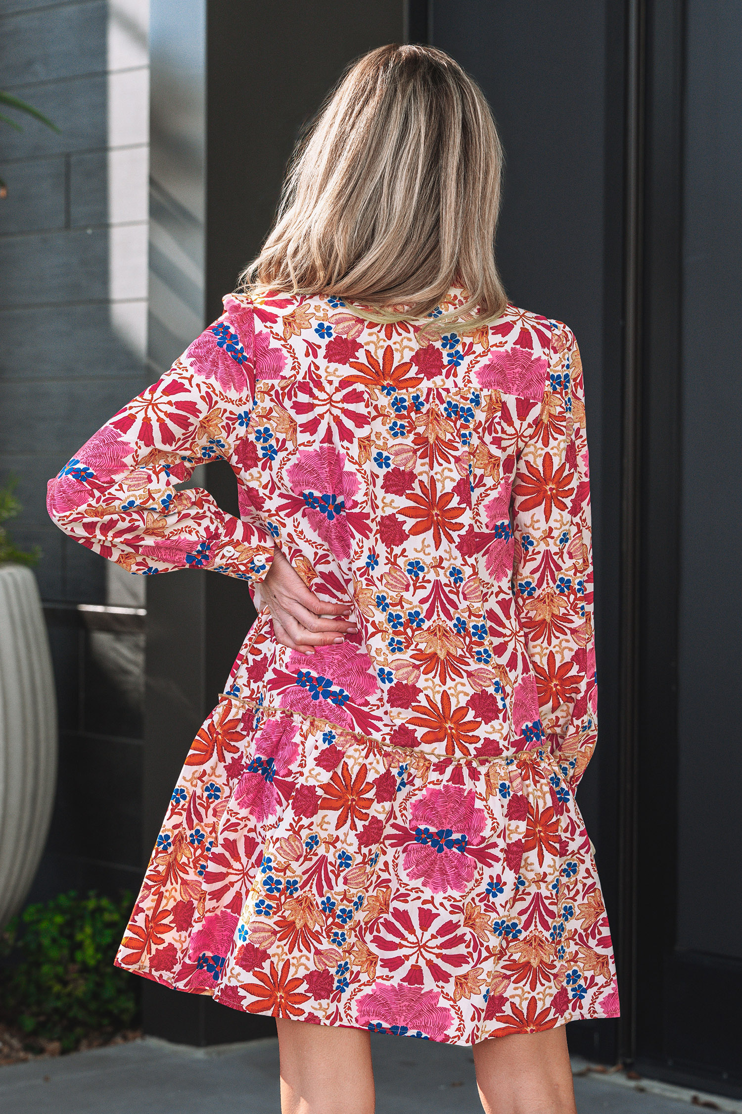 Red Fall Flower Print Long Sleeve Mini Dress - loveforevers