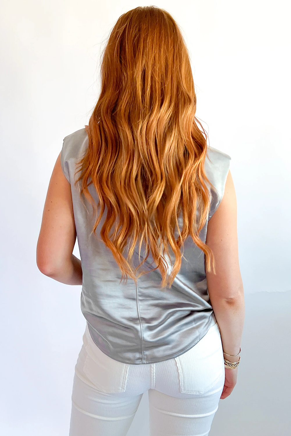 Silvery Metallic Luster Crew Neck Shift Tank Top - loveforevers