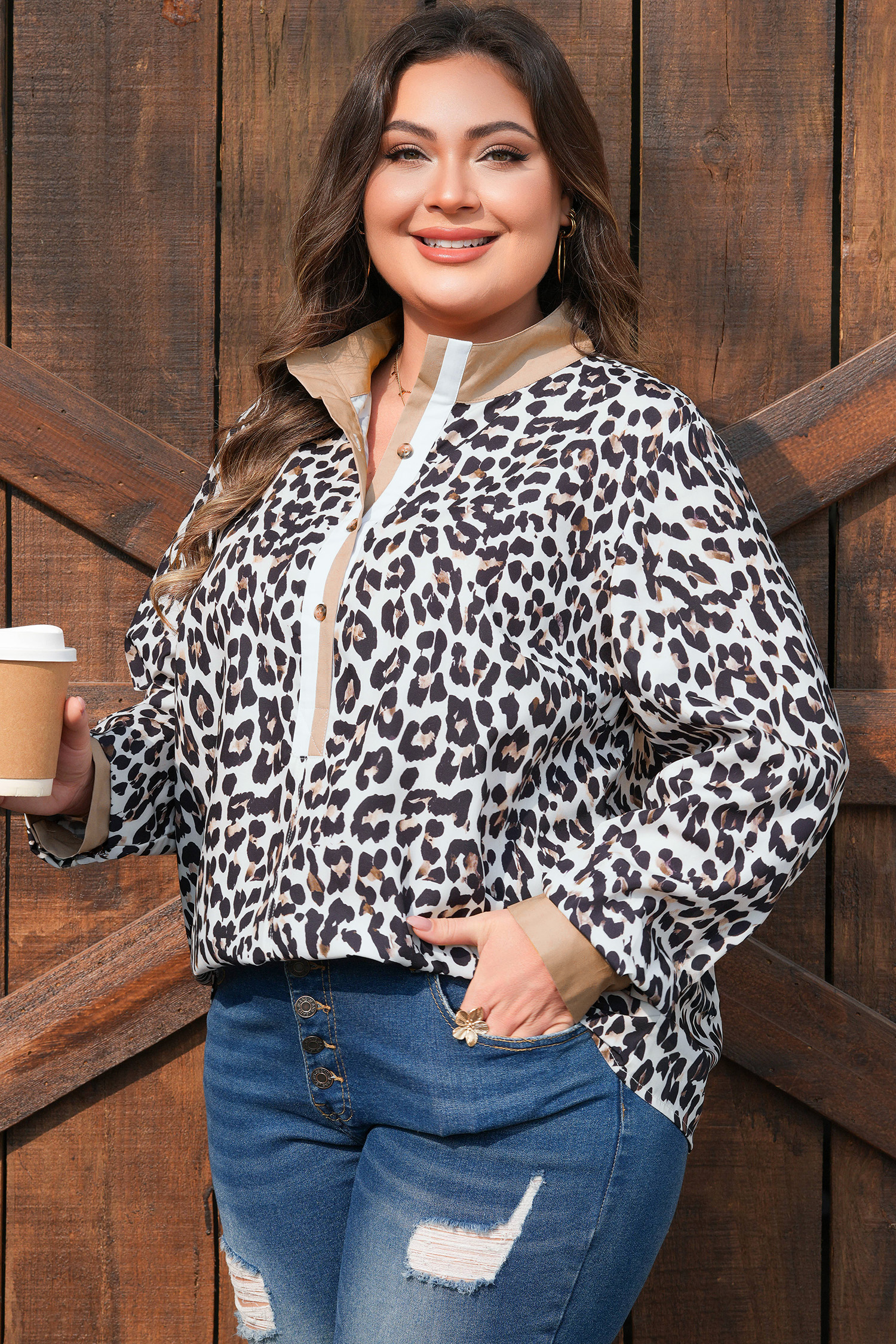 Multicolour Leopard Print Contrast Trim Button Split Neck Plus Long Sleeve Top - loveforevers