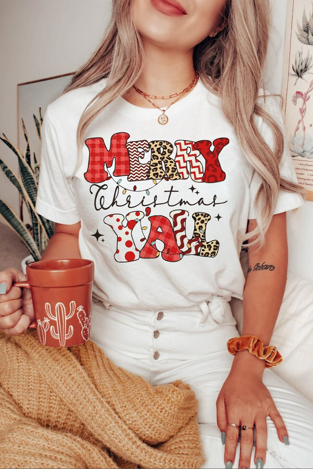 White MERRY Christmas YAll Graphic Crewneck T Shirt - loveforevers