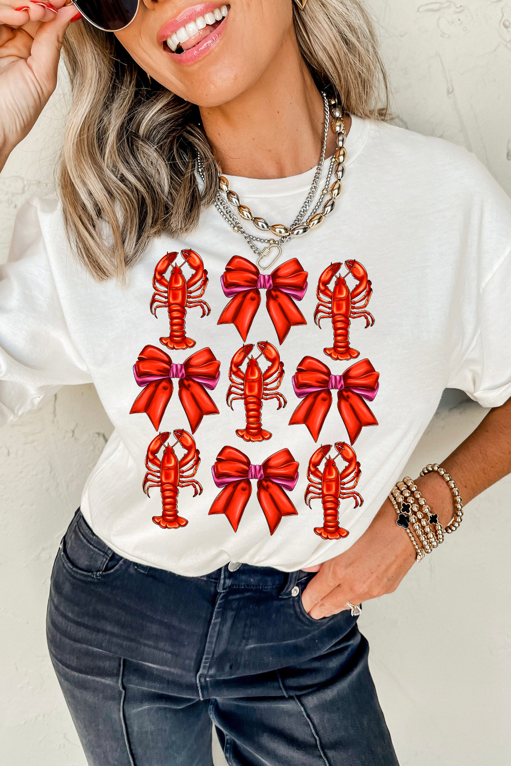 White Crawfish Bow Printed Casual T Shirt - loveforevers