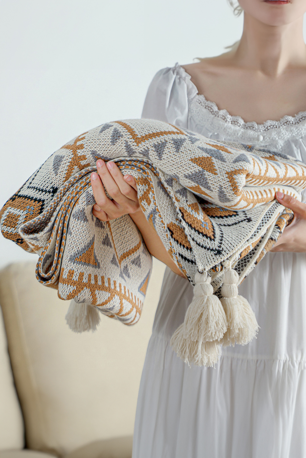 Parchment Geometric Pattern Knit Bohemian Tassel Blanket - loveforevers