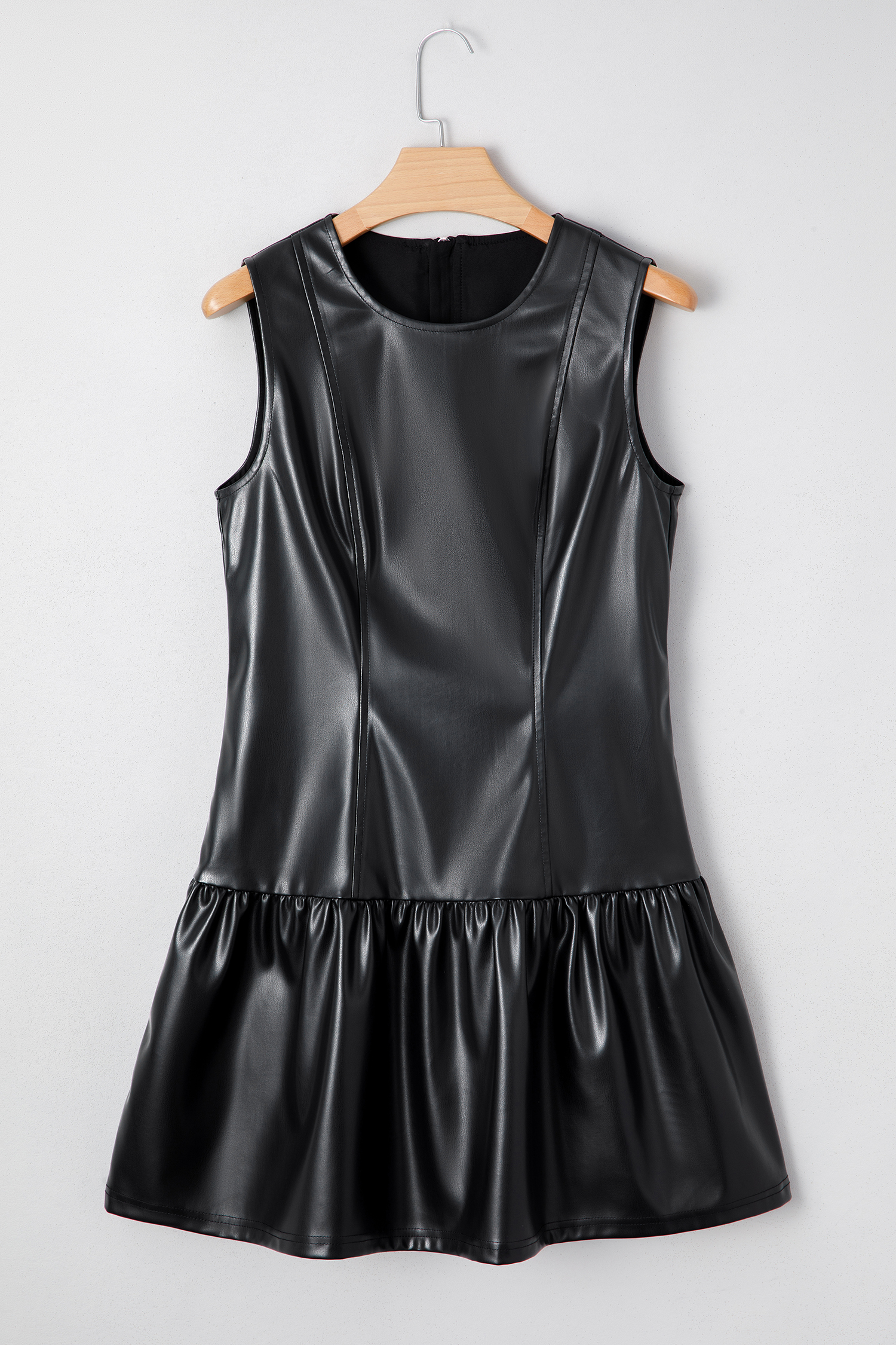 Black Faux Leather Ruffle Hem Sleeveless Mini Dress - loveforevers
