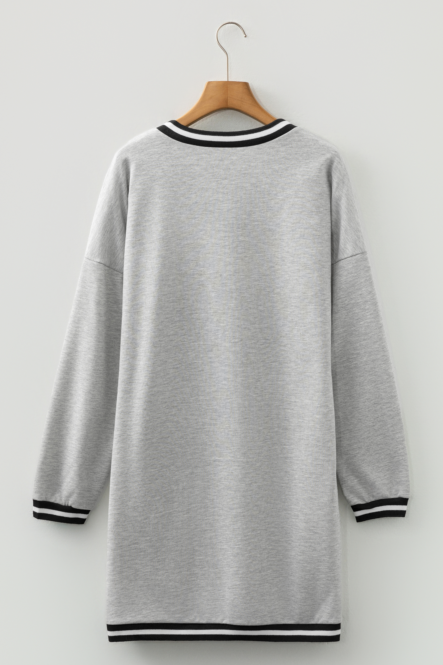 Light Grey Striped Trim V Neck Long Sleeve Preppy T Shirt Dress - loveforevers