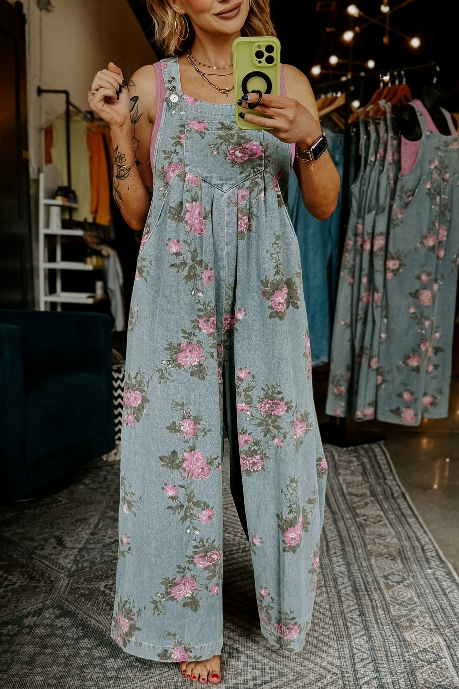 Beau Blue Floral Print Pleated High Waist Wide Leg Denim Jumpsuit - loveforevers