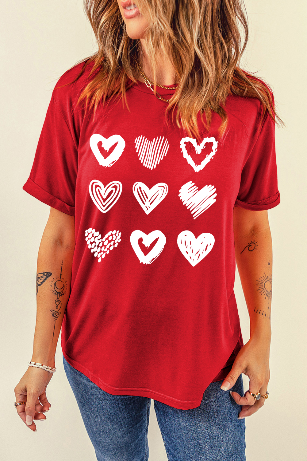 Red Diverse Heart Printed Crewneck Valentines Tee - loveforevers