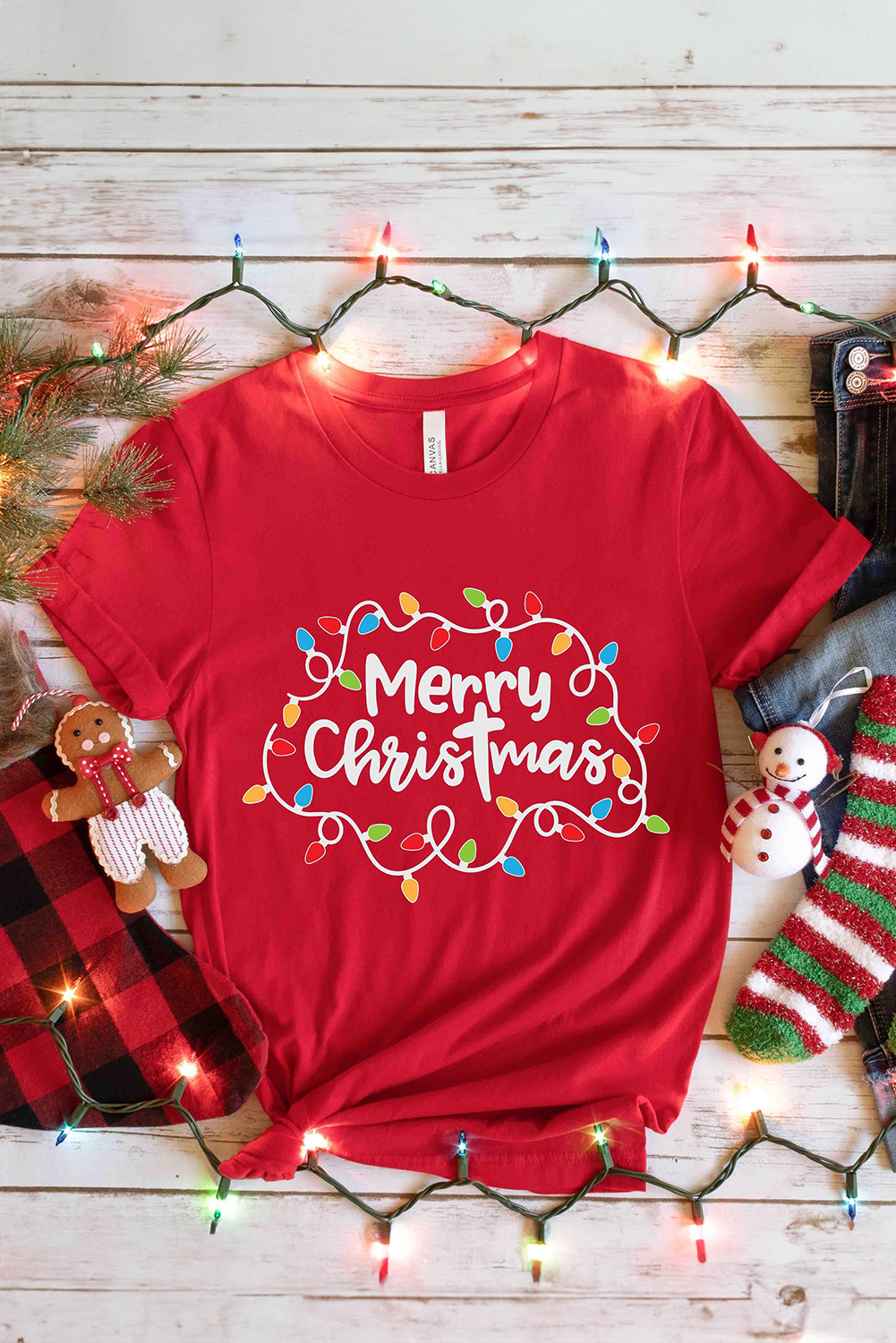 Red Merry Christmas Lights Print Crew Neck T Shirt - loveforevers