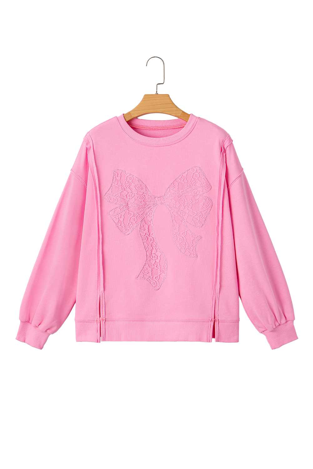 Bonbon Lace Insert Bow Embroidered Exposed Seam Sweatshirt - loveforevers