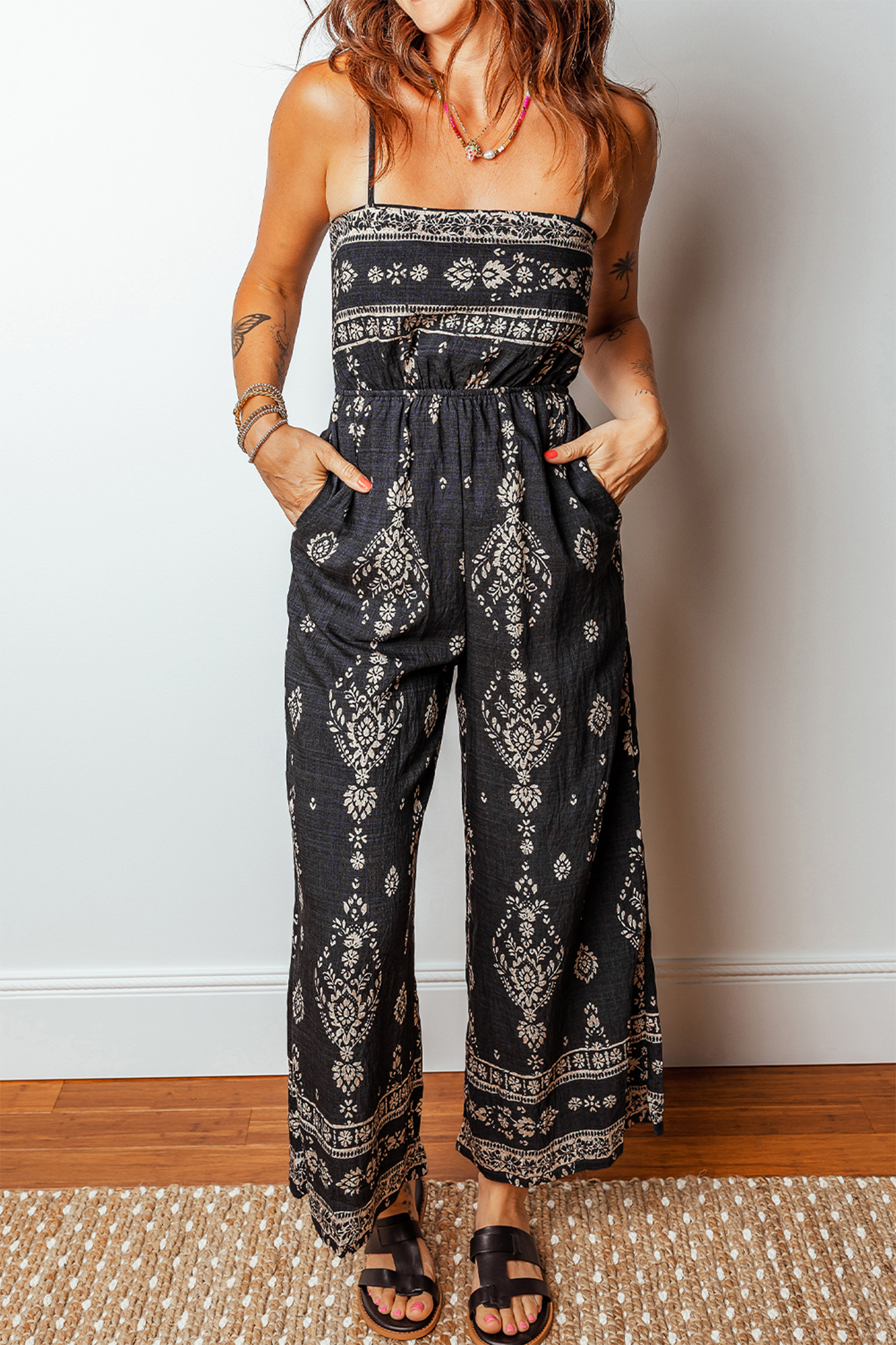 Black Spaghetti Straps Elastic Waist Loose Ethnic Print Jumpsuit - loveforevers
