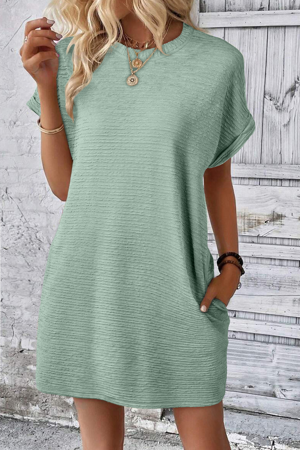 Grass Green Solid Color Textured Crinkle Short Sleeve T Shirt Dress - loveforevers