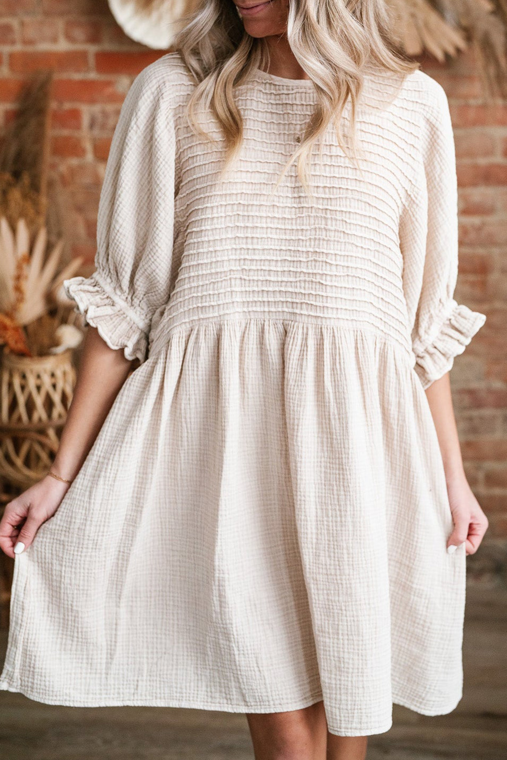 White Textured Ruffled Puff Sleeve Loose Dress - loveforevers