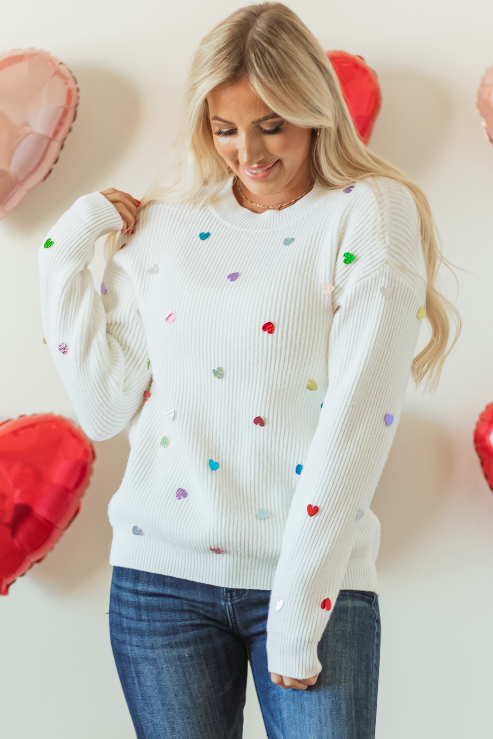 Beige Sequin Heart Shape Waffle Knit Round Neck Sweater - loveforevers