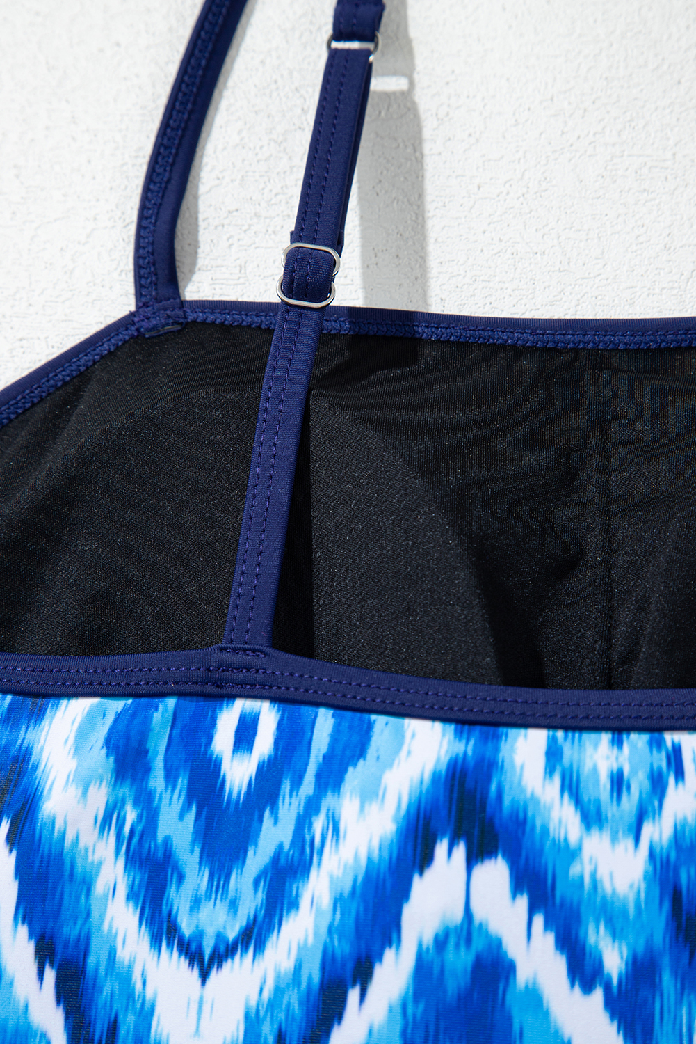 Navy Blue Abstract Print Frilled Trim Spaghetti Straps Tankini Set - loveforevers