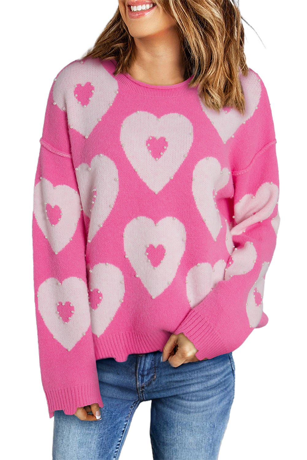 Bonbon Pearl Beaded Heart Drop Shoulder Sweater - loveforevers