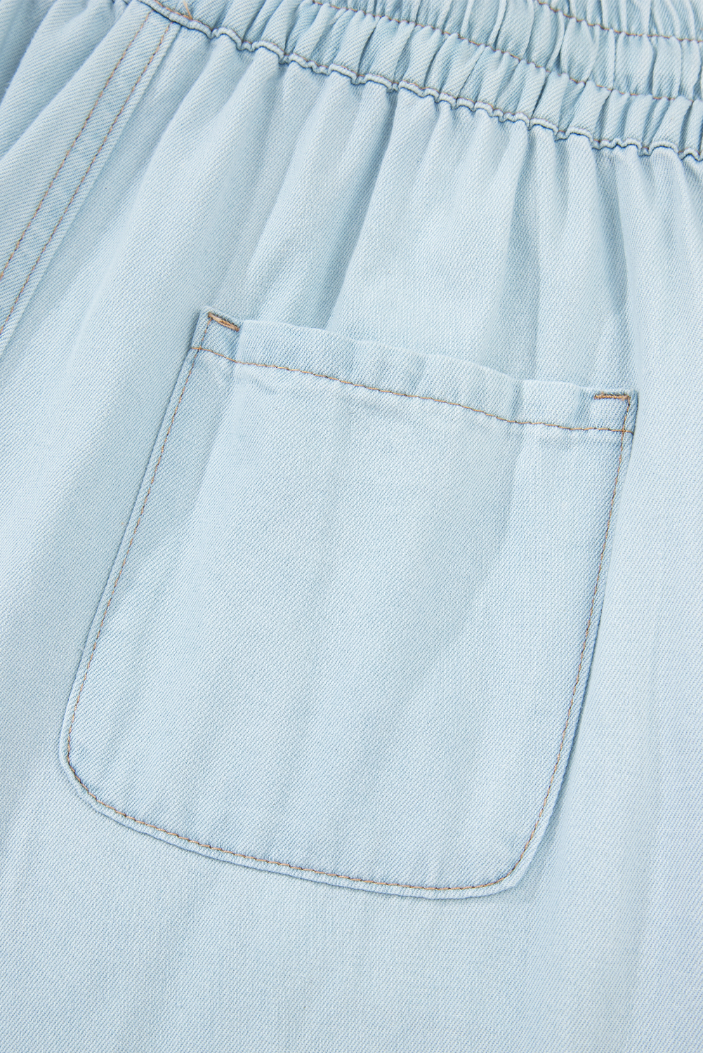 Beau Blue Light Wash Contrast Trim Center Seam Drawstring Elastic Waistband Wide Leg Denim Pants - loveforevers