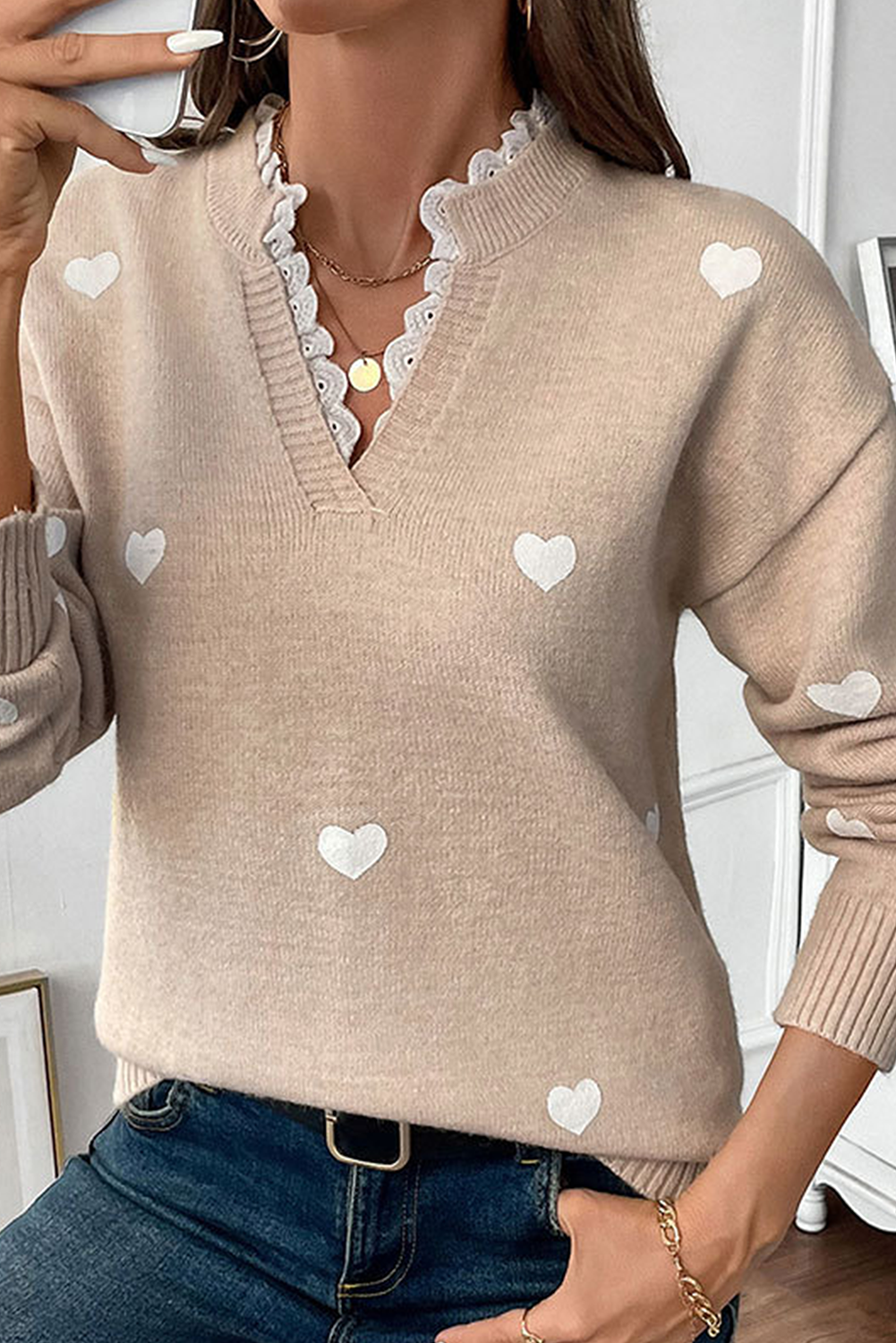 Smoke Gray Heart Print Lace Splicing V Neck Valentines Sweater - loveforevers
