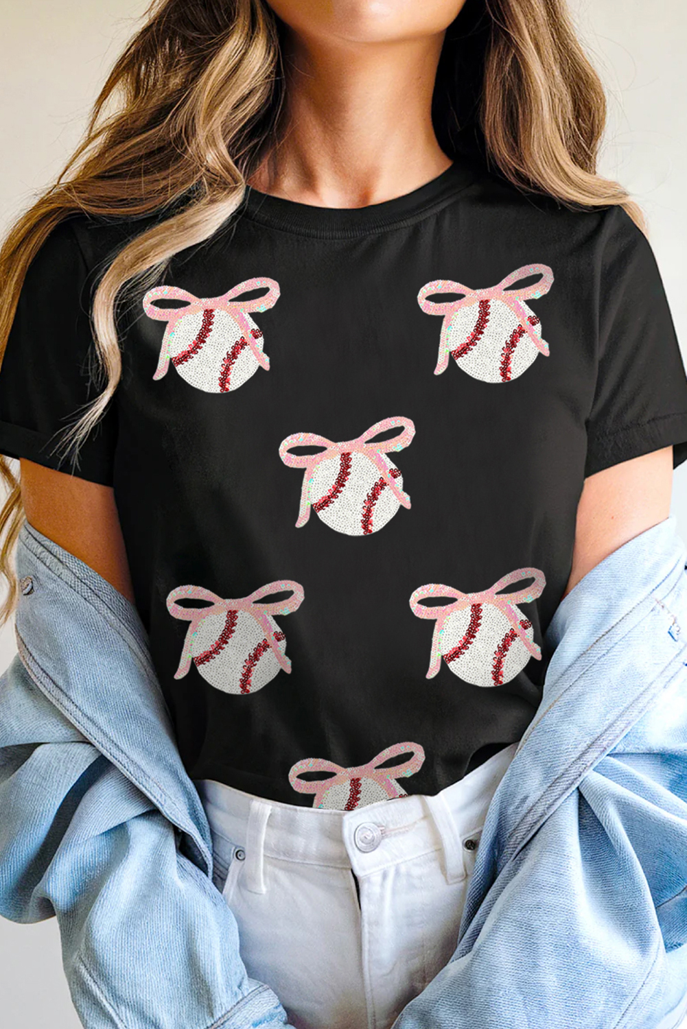Black Shimmering Sequin Bow Ball Patterned Game Day Casual Tee - loveforevers