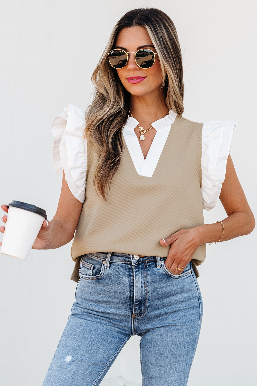 Pale Khaki Contrast V Neck Ruffled Textured Knit Top - loveforevers