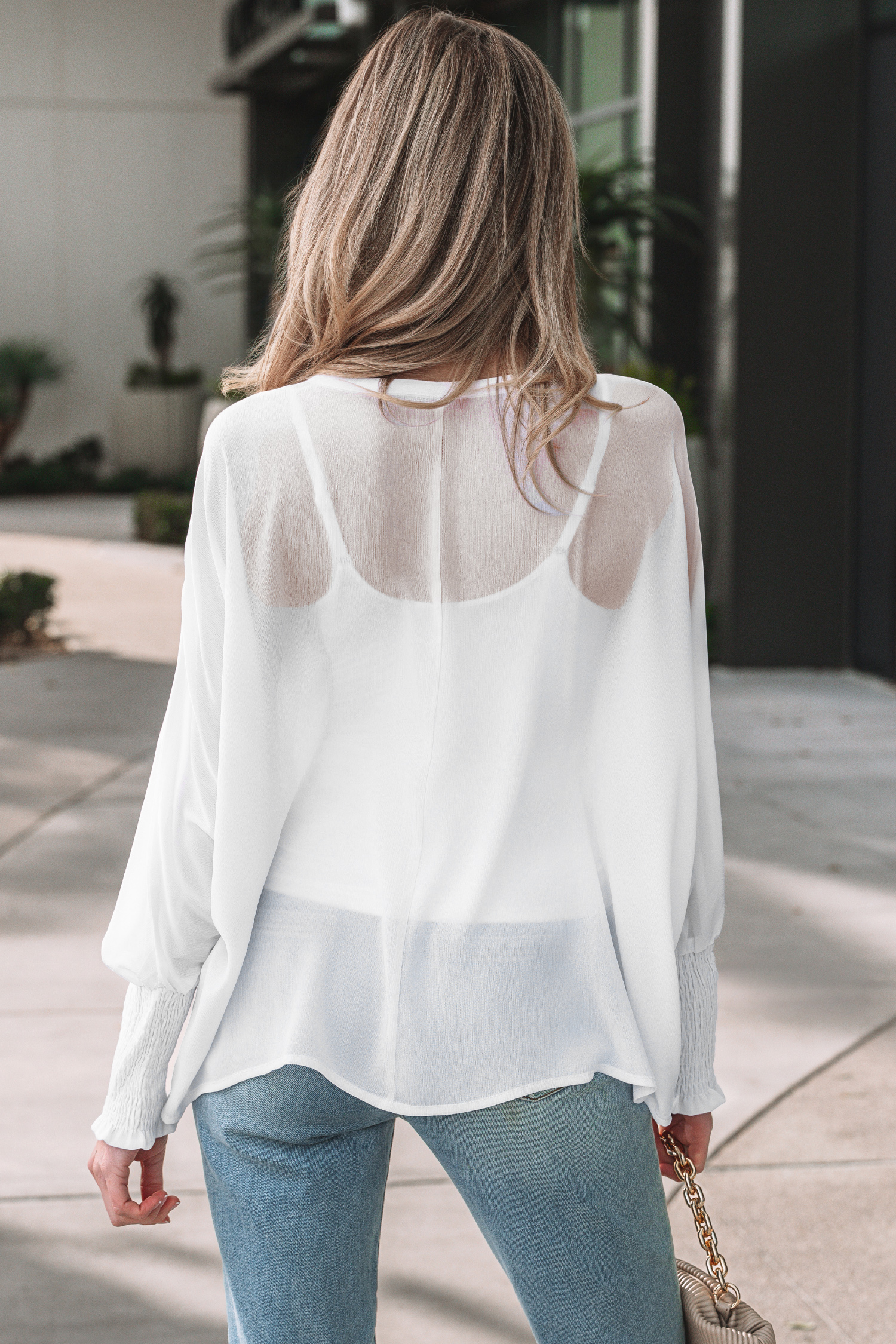 White Smocked Cuffs Semi Sheer Long Sleeve Dolman Blouse - loveforevers