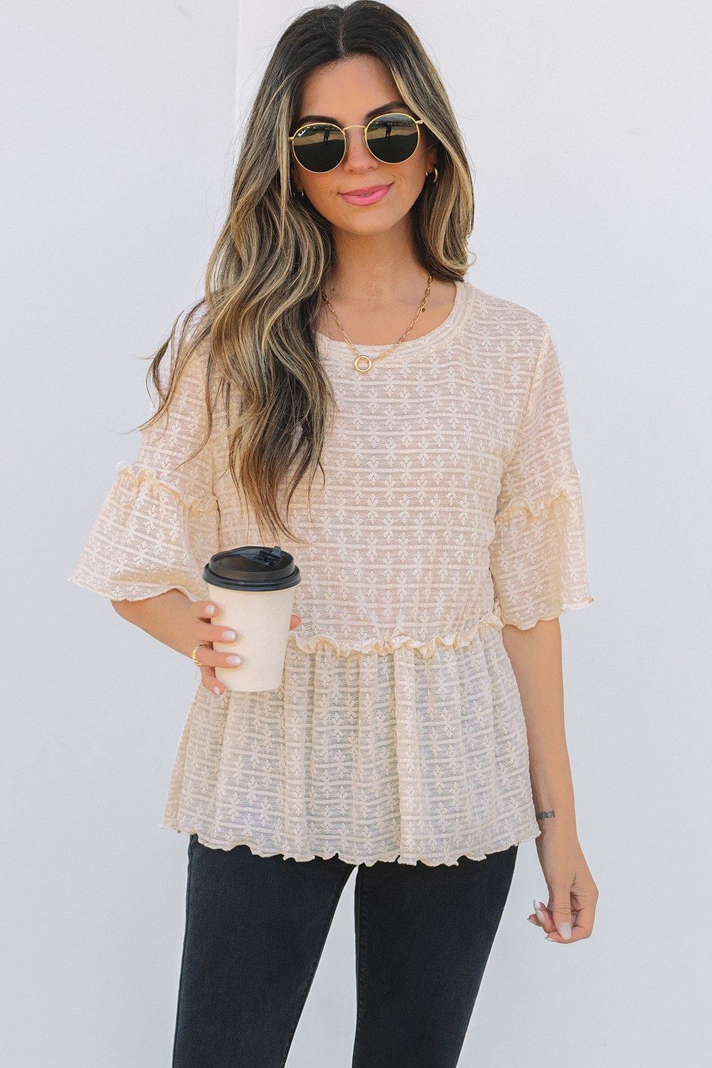 Beige Solid Color Textured Ruffled Short Sleeve Blouse - loveforevers