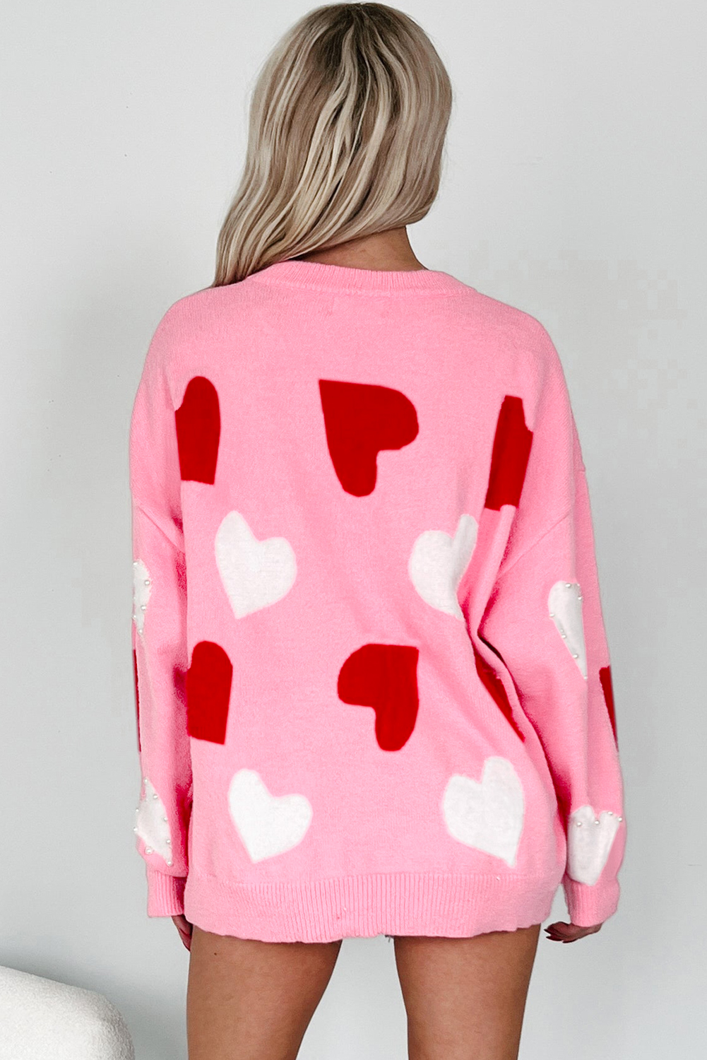 Pink Pearl Embellished Heart Pattern Valentines Day Sweater - loveforevers
