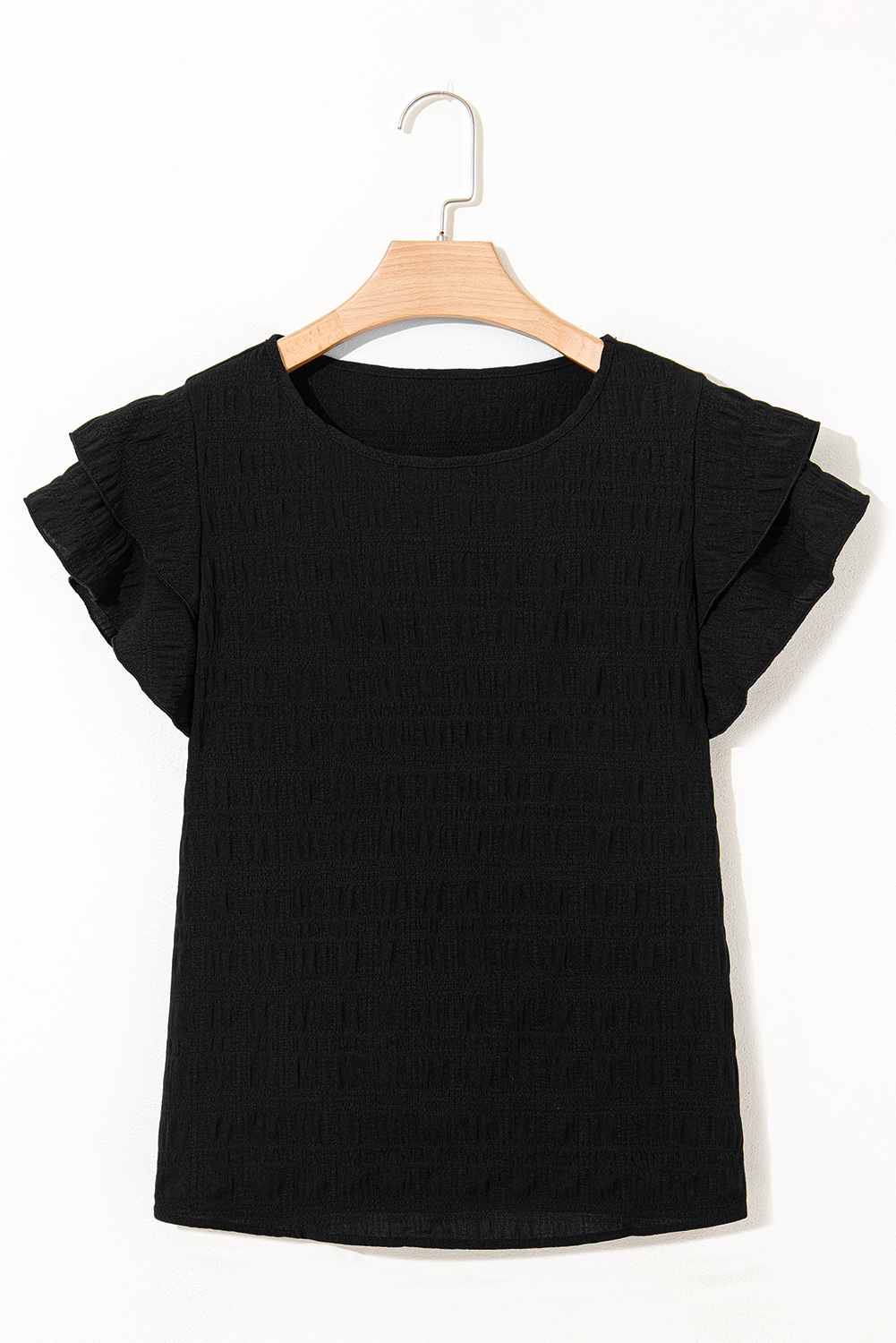 Dark Green Textured Ruffled Sleeve Round Neck Top - loveforevers